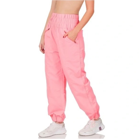 ZENANA Windbreaker High Waist Jogger Pants Zip Closure Side Pocket Bright Pink M - Picture 6 of 12